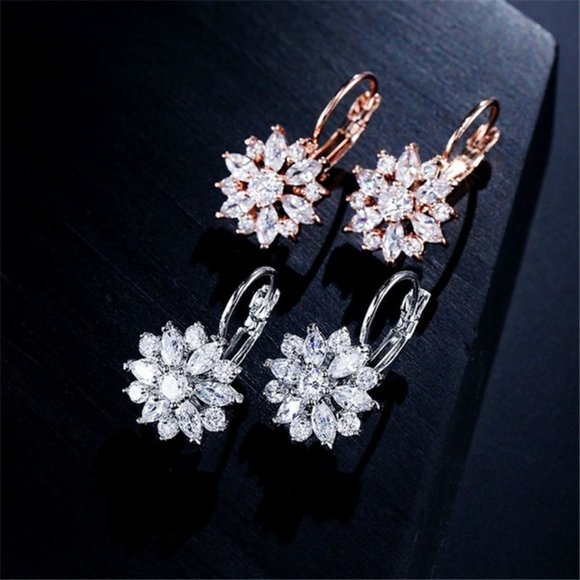 NEW Rose Gold Marquis Diamond Flower Earrings - Picture 3 of 7